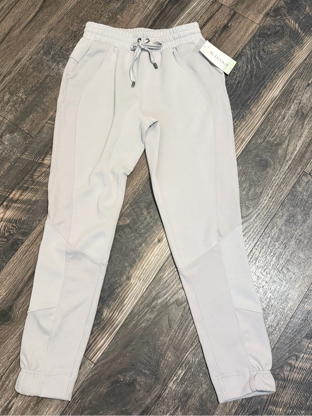 AS Revival Light Gray Drawstring Jogger Ribbed Pants Pockets Women Small